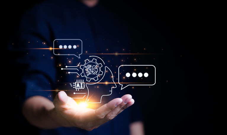 Man hand show AI to help work, AI Learning Business, modern technology, internet and networking. Chat aitechnology, A.I., intelligent assistant, AI or Artificial Intelligence technology concept.